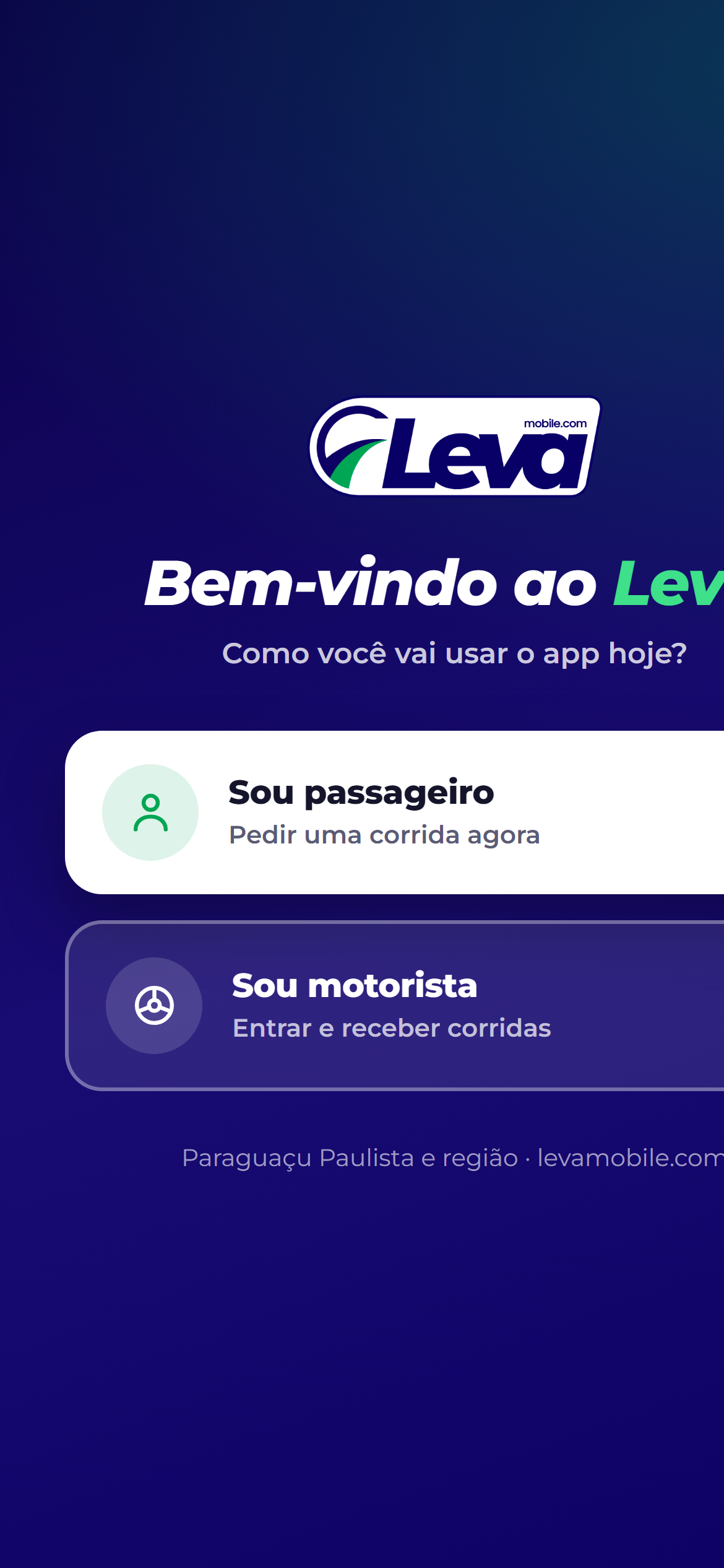Tela de boas-vindas do app do Leva
