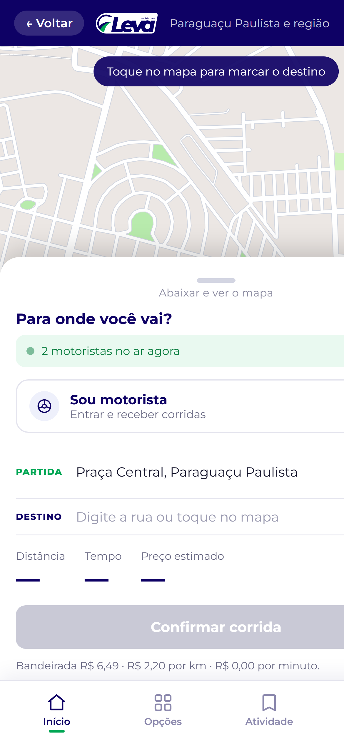 Tela de pedir corrida, com mapa e preço