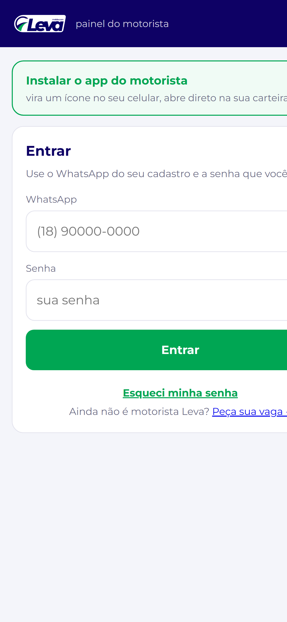 Tela de entrada do motorista